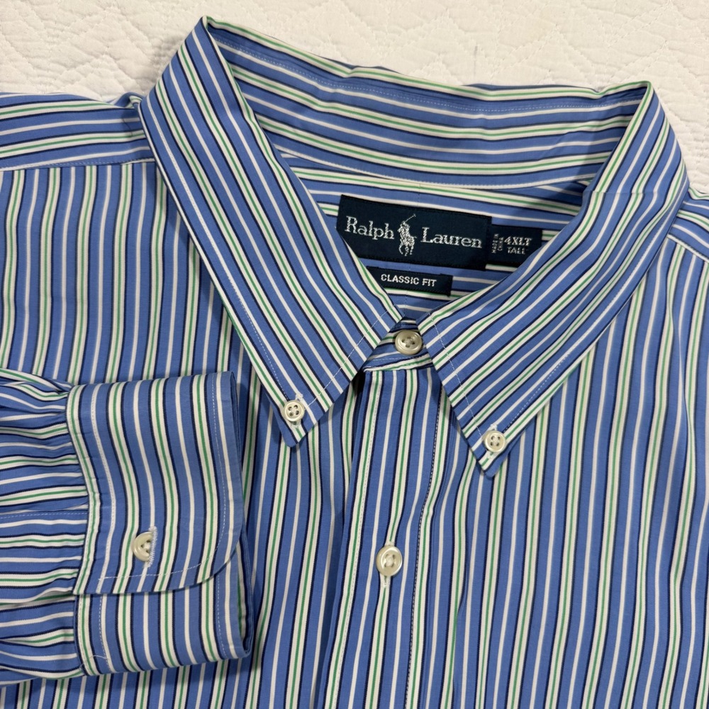 Ralph Lauren Classic Fit Men Shirt 4XLT Striped Cotton Blue Green EUC